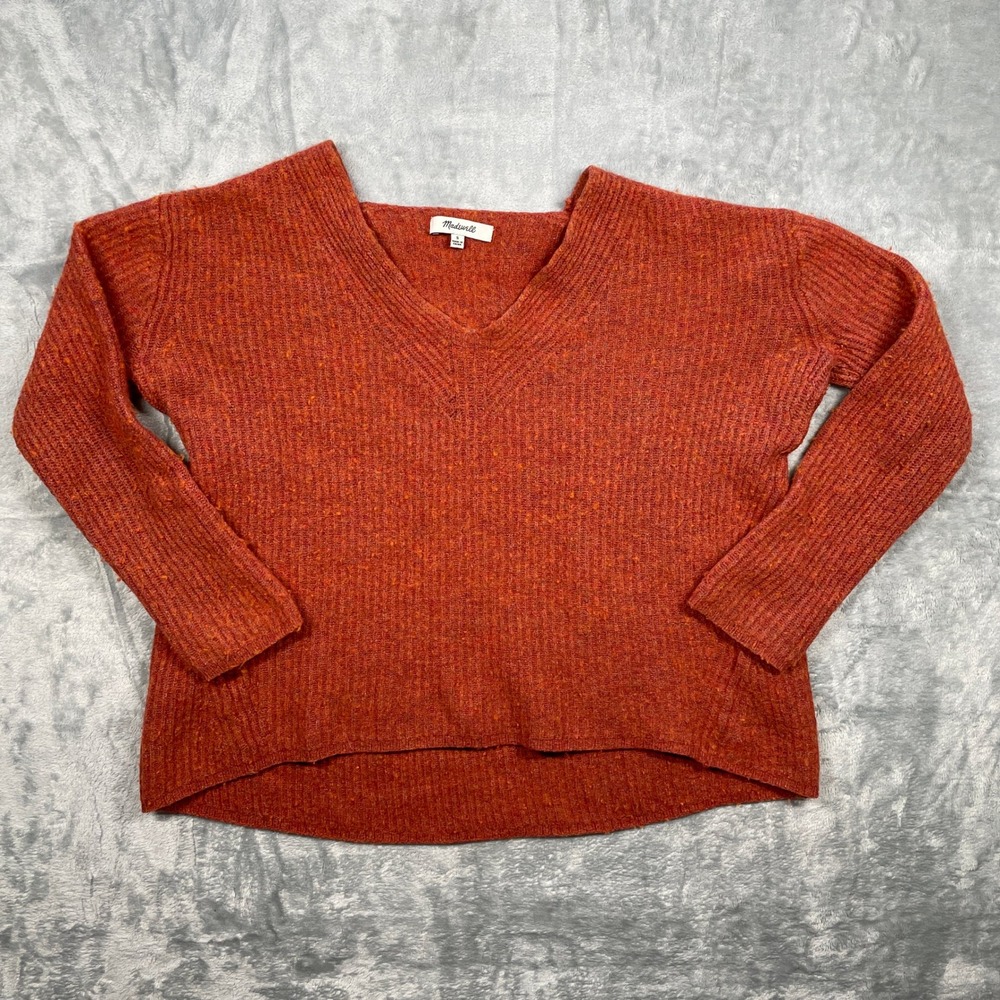 Madewell Ribbed Cropped V Neck‎ Sweater Rust Orange Wool Blend Women's Size S